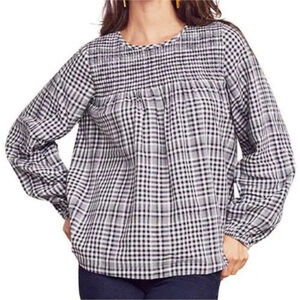 FAHERTY Marseilles Plaid smocked Blouse 100% organic cotton black white medium